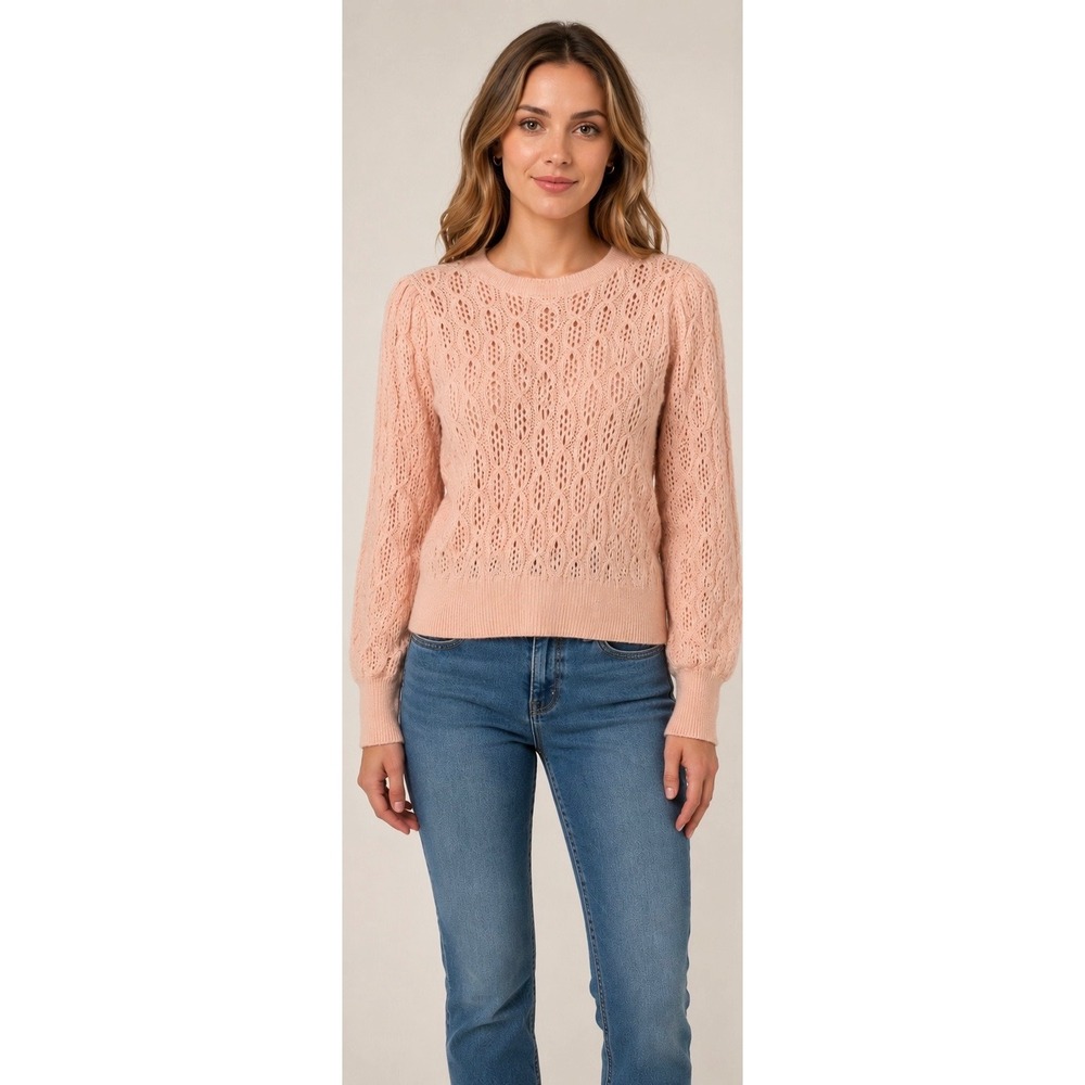 J.Crew Pink Pointelle Knit Puff Sleeve Keyhole Back Sweater Sz Small